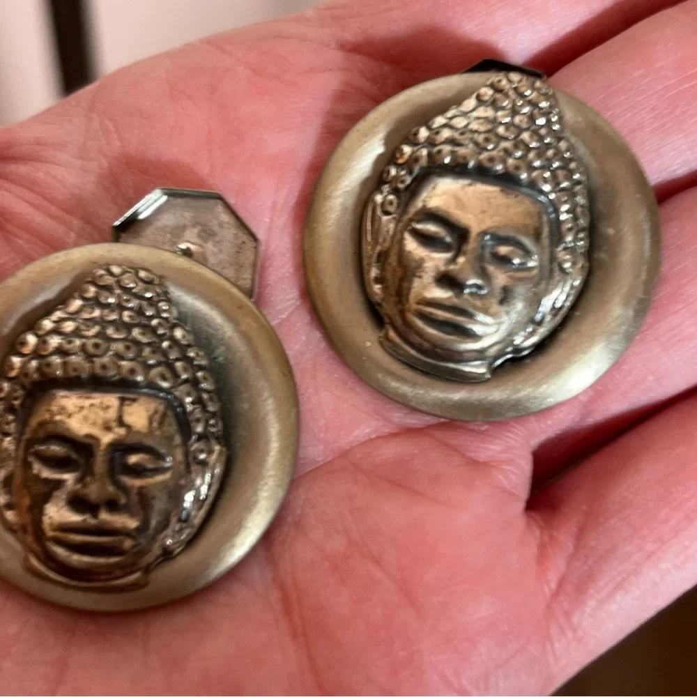 Vintage 1960 70 MCM Thailand Buddha Silver cosplay Oversized Art deco Cufflinks